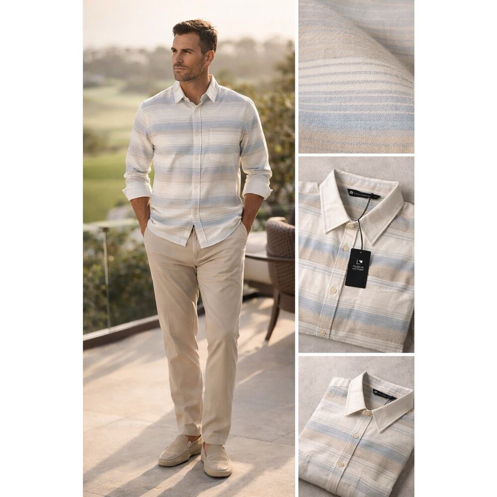 Travis Mathew Cloud Flannel Shirt Mens Large Cream Stripe Button Up NWT